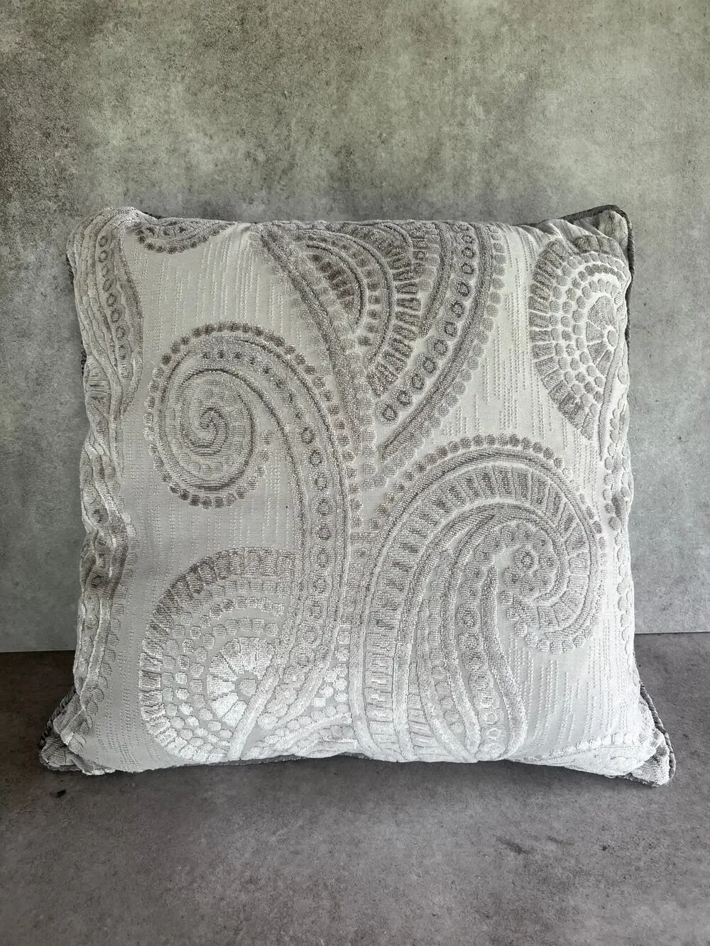 Pier 1 Carved velvet embossed throw pillow 17x17 gray soft boho paisley decor